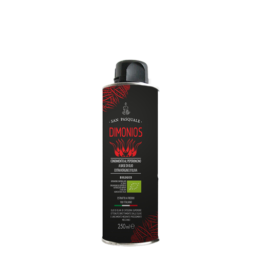 Picture of EXTRA VIRGIN OLIVE OIL BIO "DIMONIOS" WITH CHILI PEPPER ML. 250 - CAN - SAN PASQUALE 